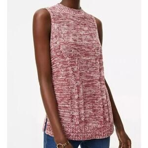NWT LOFT Sleeveless Sweater Womens Sz S Maroon White Mock Neck Marled Knit Brick